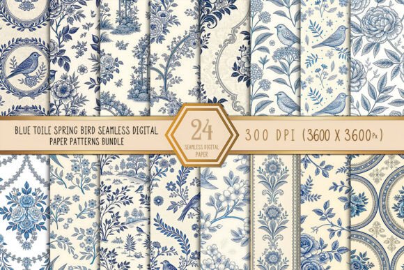 Download Blue Toile Spring Bird Seamless Digital - Spring bird Collection