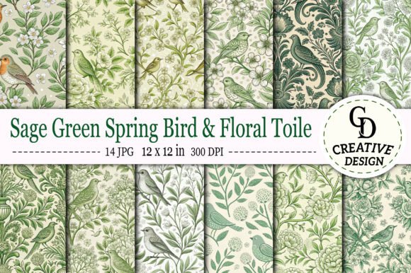 Download Sage Green Spring Bird &amp; Floral Toile - Spring bird Collection